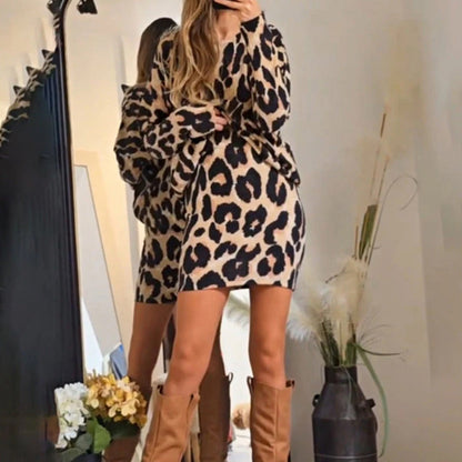 Elegant Round Neck Leopard Print Mini Dress